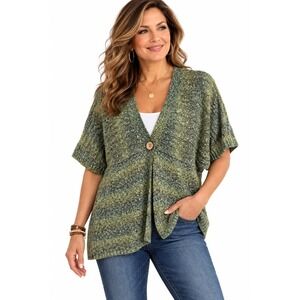 Dressbarn Cardigan Womens XL Green Cable Knit Short Sleeve Cotton Blend